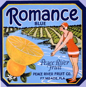 Peace River Fruit Company's Romance Blue brand citrus label