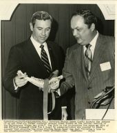 Governor Askew accepting jawbone during club meeting at the Silver Slipper restaurant in Tallahassee.