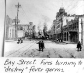 Print showing fires on Bay street to kill yellow fever germs - Jacksonville, Florida.