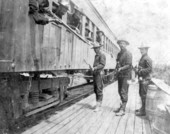 Soldiers of the 2nd Regiment of Louisiana Volunteers at train depot - Cocoa, Florida