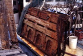 Close-up of the otter trawls that hold shrimp net open on sea floor..