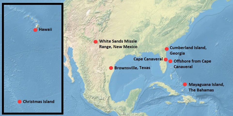 Map showing the 8 locations NASA considered for the Apollo program, including Cape Canaveral