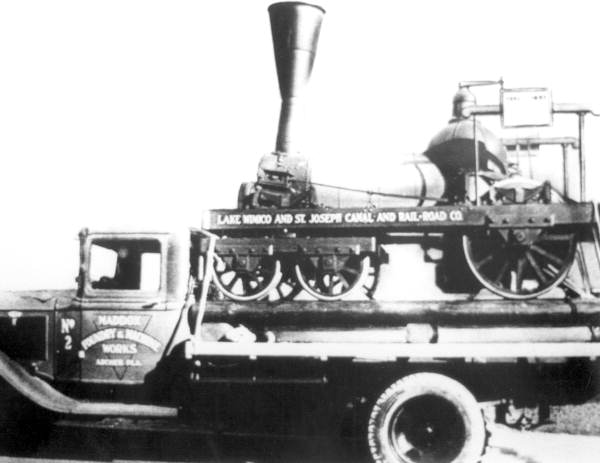 Replica of the first steam engine in Florida, built by the Baldwin Locomotive Works in Philadelphia and used on the Lake Wimico & St. Joseph Railroad (photo circa 1950s).