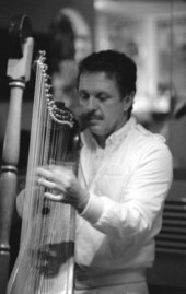 Jesus Rodriguez playing the Venezuelan harp at Fernandez De Bull restaurant- Naples, Florida